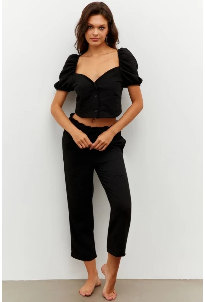 Kadın Siyah Alt-Üst Keten Takım PP7440