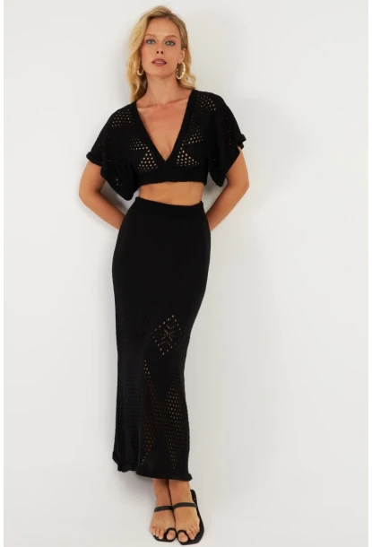 Kadın Siyah Alt Üst Triko Etek Takım KZ3233