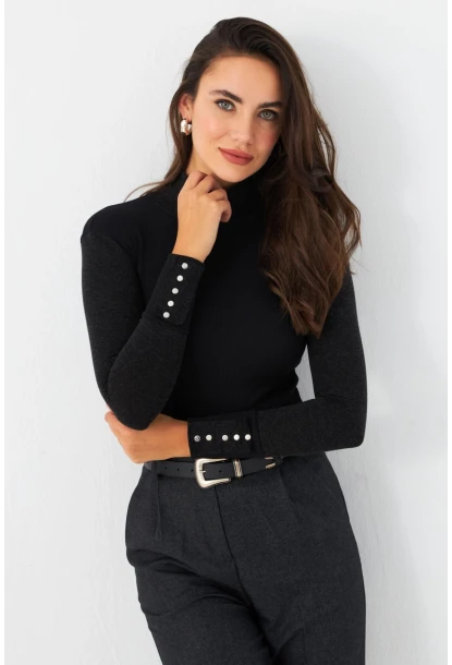 Kadın Siyah-Antrasit Kol Aksesuarlı Kaşkorse Bluz MTF44