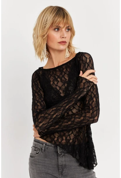 Kadın Siyah Asimetrik Dantel Bluz FS9830