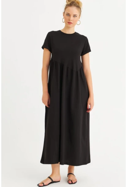 Kadın Siyah Asimetrik Dikişli Maxi Elbise MDMR440