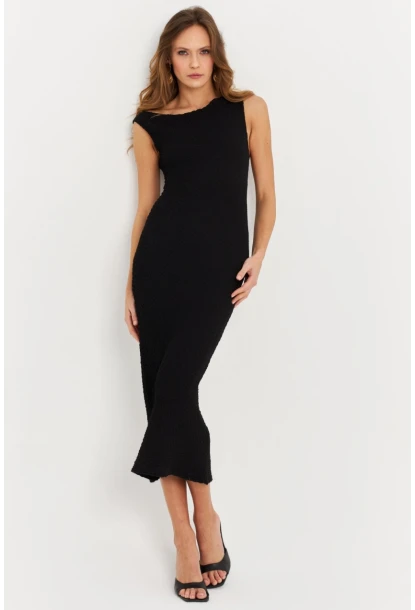 Kadın Siyah Asimetrik Yaka Gofre Midi Elbise MOD2358