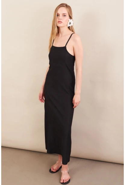 Kadın Siyah Askılı Midi Elbise FLU7314