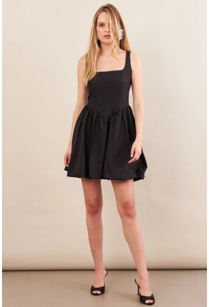 Kadın Siyah Askılı Mini Balon Elbise ERL105