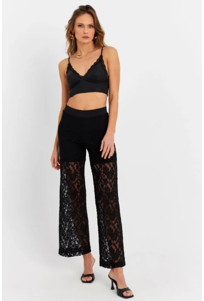 Kadın Siyah Astarlı Dantel Pantolon FLS04