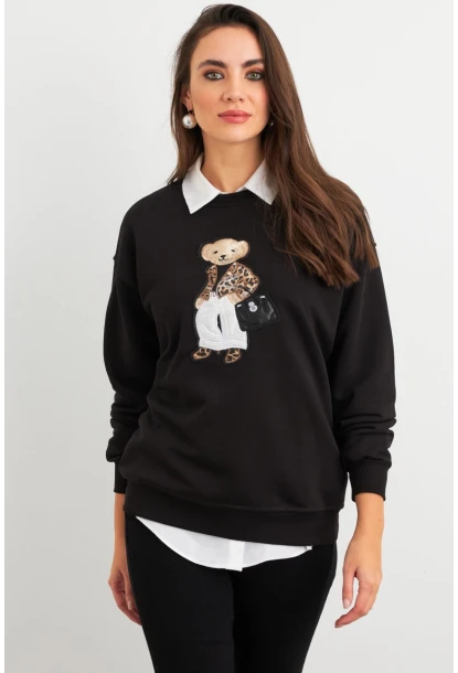 Kadın Siyah Ayıcık Nakışlı Sweatshirt PKA1590