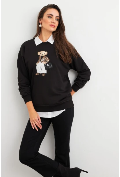 Kadın Siyah Ayıcık Nakışlı Sweatshirt PKA1590