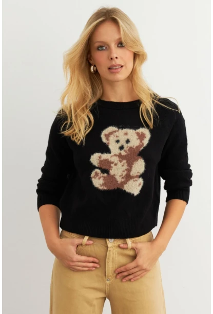 Kadın Siyah Ayıcıklı Kazak KED7429