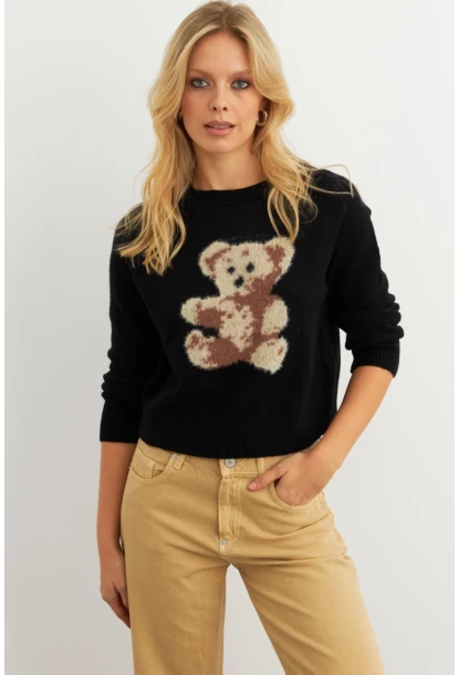 Kadın Siyah Ayıcıklı Kazak KED7429