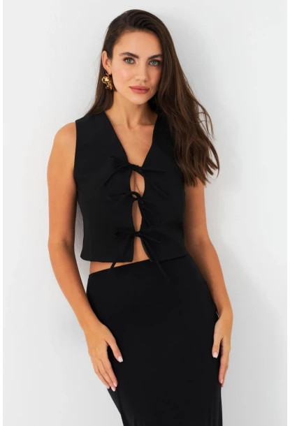Kadın Siyah Bağlama Detaylı Astarlı Yelek ELA6645