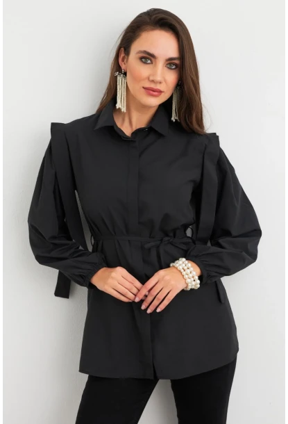 Kadın Siyah Bağlama Detaylı Basic Gömlek MASF185