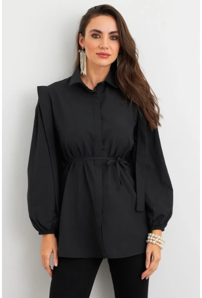 Kadın Siyah Bağlama Detaylı Basic Gömlek MASF185
