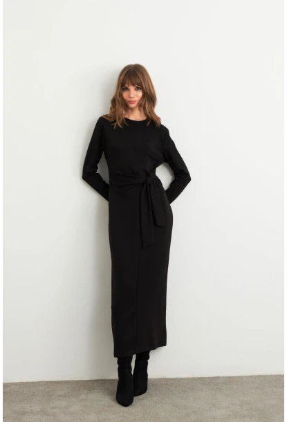 Kadın Siyah Bağlama Detaylı Midi Sweat Elbise MHOL100