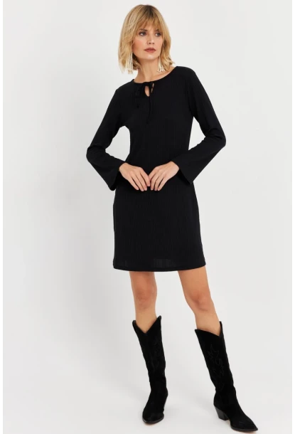 Kadın Siyah Bağlama Detaylı Mini Elbise TF68