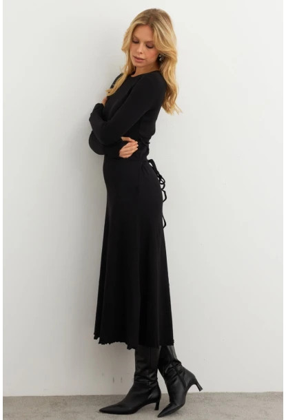 Kadın Siyah Bağlamalı Kaşkorse Midi Elbise MFRY2268