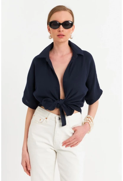 Kadın Siyah Bağlamalı Keten Bluz BTH16