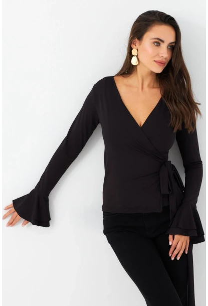 Kadın Siyah Bağlamalı Kruvaze Bluz EY2978