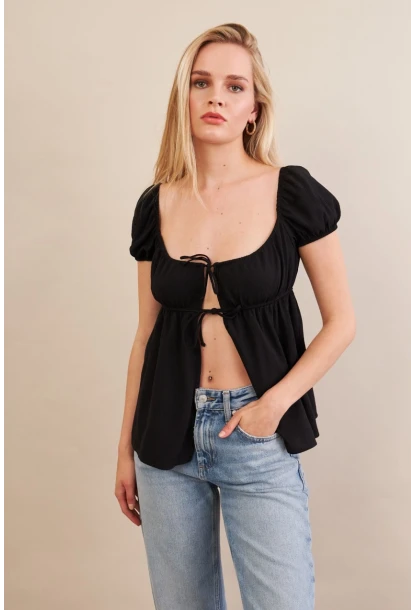 Kadın Siyah Bağlamalı Rustik Bluz ZH128