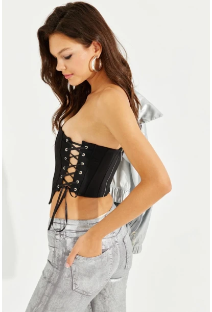 Kadın Siyah Balenli Kuş Gözlü Sırt Fermuarlı Büstiyer YEL82