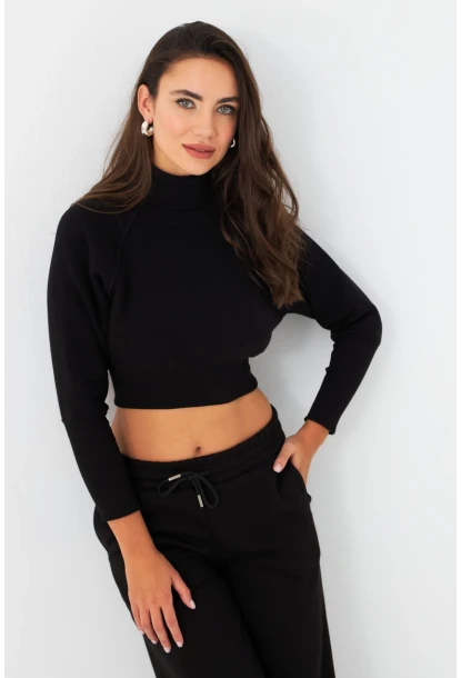 Kadın Siyah Balıkçı Crop Sweatshirt DY1469