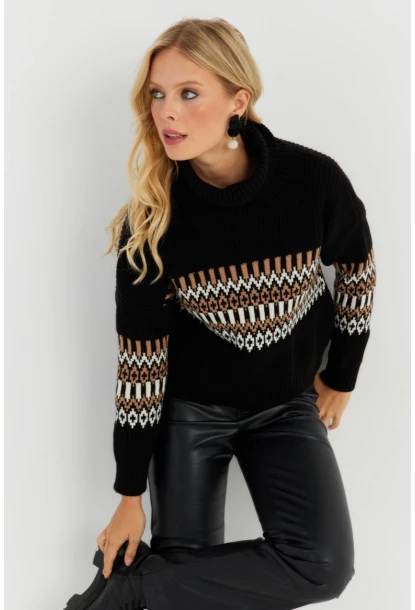 Kadın Siyah Balıkçı Triko Kazak YZ527