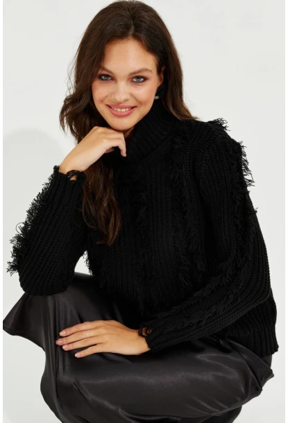 Kadın Siyah Balıkçı Yaka Püsküllü Triko Kazak KZ2471
