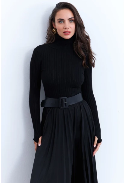 Kadın Siyah Balıkçı Yaka Triko Bluz MYV102-90