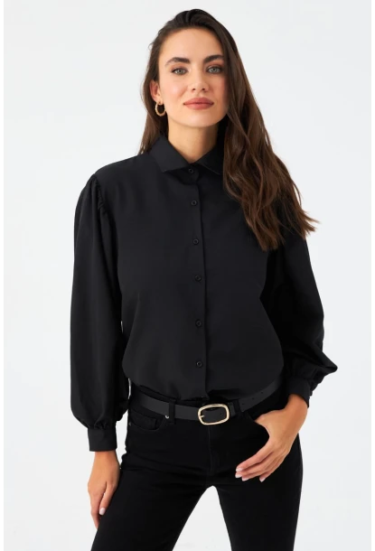 Kadın Siyah Balon Kol Gömlek MZER416