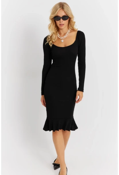 Kadın Siyah Balon Kol Kaşkorse Midi Elbise EY2855
