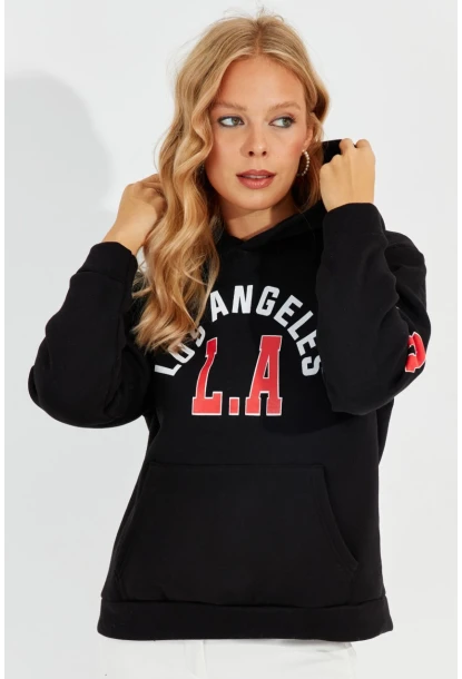 Kadın Siyah Baskılı Kapüşonlu Sweatshirt DA146