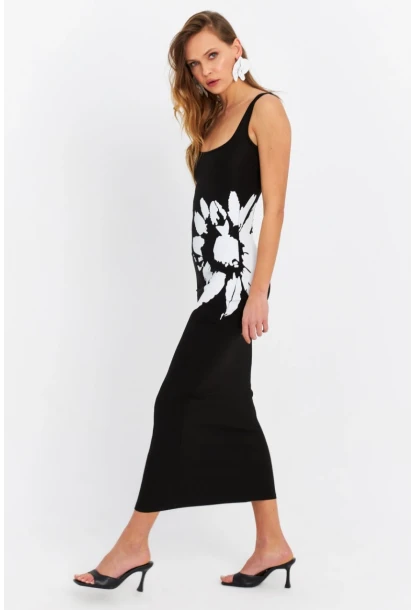 Kadın Siyah Baskılı Midi Elbise B5005-5