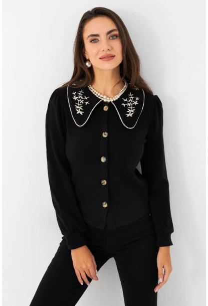 Kadın Siyah Bebe Yaka Nakışlı Gömlek MQS5378