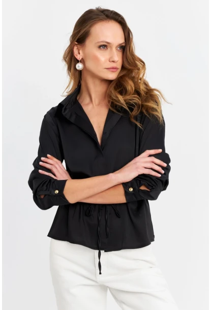 Kadın Siyah Beli Bağlamalı Saten Gömlek MMRS4212