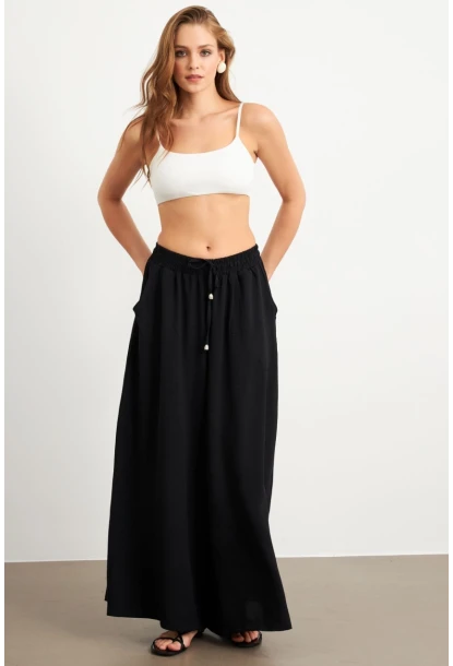 Kadın Siyah Beli Lastikli Cepli Palazzo Pantolon Sİ1155