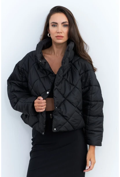 Kadın Siyah Beli Lastikli Yarasa Kol Şişme Mont MX11