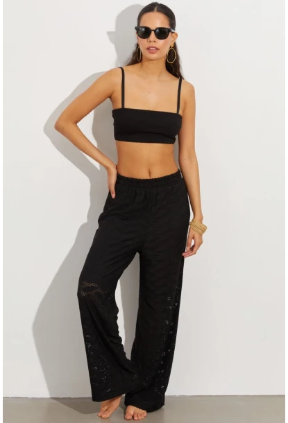 Kadın Siyah Beli Lastikli Yarım Astarlı Brode Pantolon TW80018