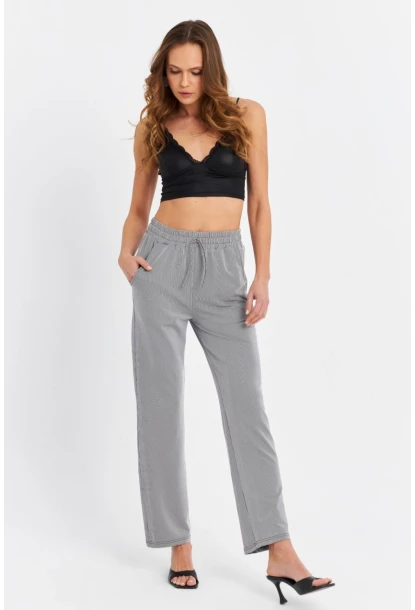 Kadın Siyah-Beyaz Beli Lastikli Çizgili Pantolon SE11