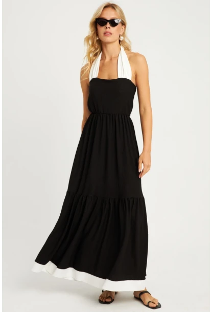 Kadın Siyah-Beyaz Bürümcük Volanlı Midi Elbise EY2836