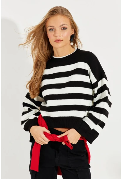 Kadın Siyah-Beyaz Çizgili Kazak MSS126