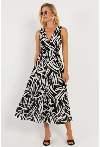 Kadın Siyah-Beyaz Desenli Kruvaze Midi Elbise YZ634