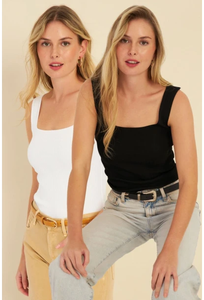 Kadın Siyah-Beyaz İkili Kare Yaka Triko Bluz SMT226