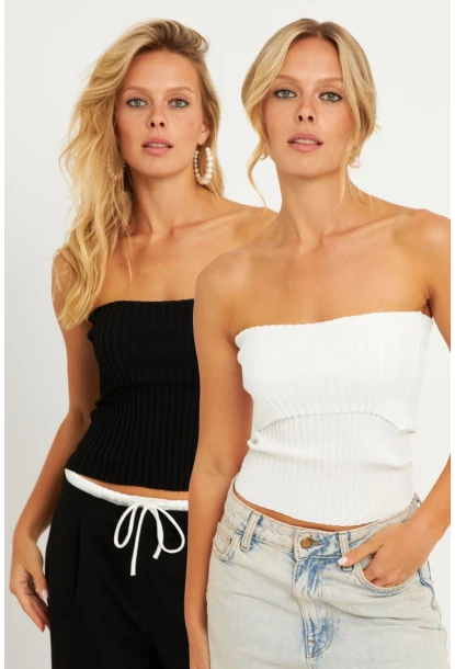 Kadın Siyah-Beyaz İkili Straplez Triko Bluz YV272