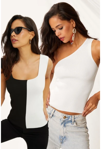 Kadın Siyah-Beyaz İkili Triko Bluz YV128