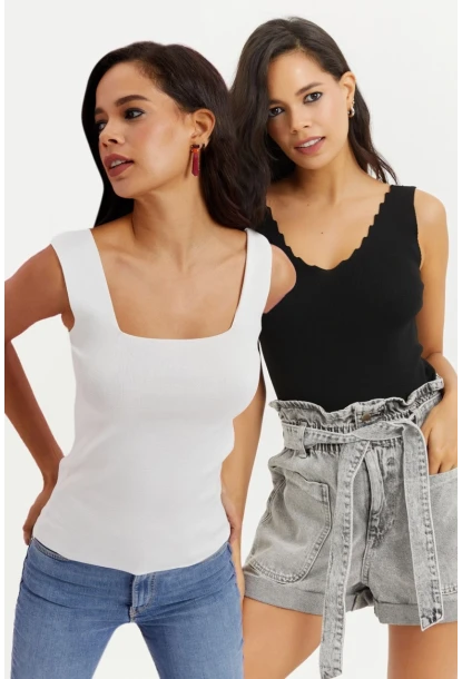 Kadın Siyah-Beyaz İkili Triko Bluz YV146