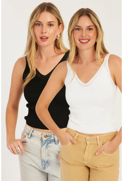 Kadın Siyah-Beyaz İkili V Yaka Triko Bluz SMT227