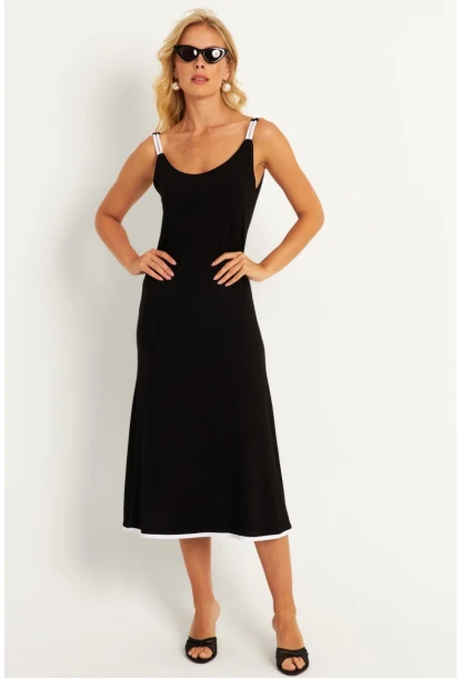 Kadın Siyah-Beyaz Kontrast Midi Elbise ST057