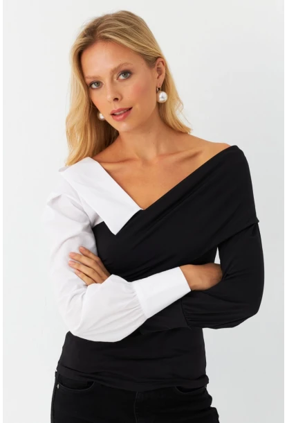 Kadın Siyah-Beyaz Kruvaze Bluz LİK8