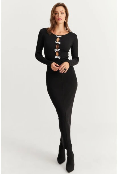 Kadın Siyah-Beyaz Kurdele Detaylı Kaşkorse Maxi Yılbaşı Elbise XL2043