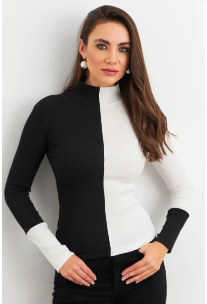 Kadın Siyah-Beyaz Renk Bloklu Kaşkorse Bluz EY3033