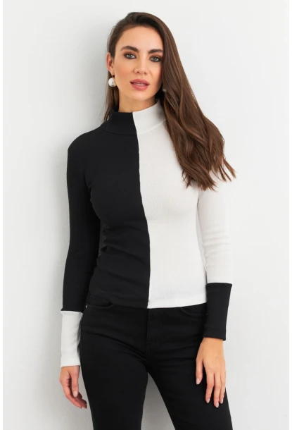 Kadın Siyah-Beyaz Renk Bloklu Kaşkorse Bluz MEY3033